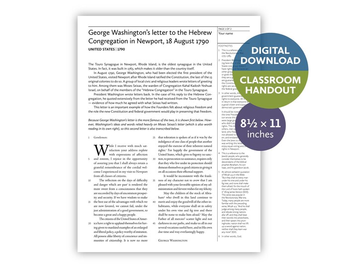 George Washington’s letter to the Hebrew Congregation in Newport, Rhode Island (United States | 1790) — Digital download — Classroom handout