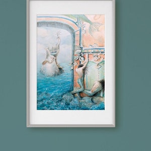 Pintura de sirenas, Sirenas, acuarela, arte, arte en papel, adorno de pared, decoración de pared, arte de pared, cuadro, acrílico en papel