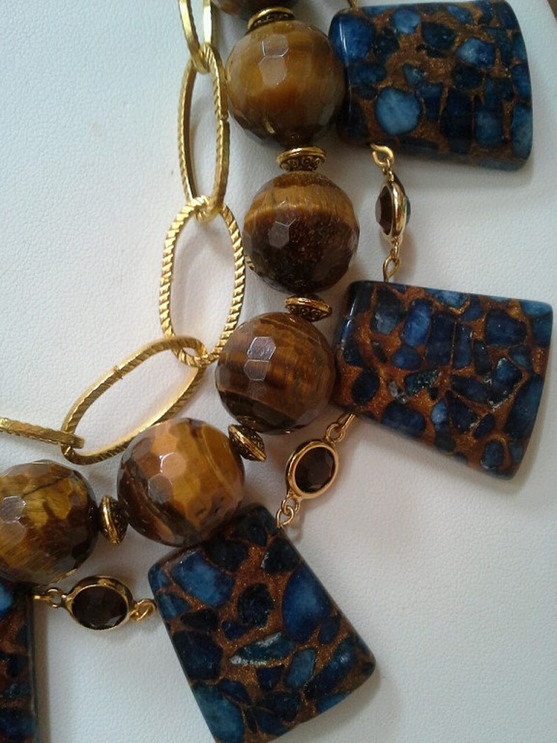 Statement Tiger Eye Pressed Jade Necklace Natural Gemstones Etsy