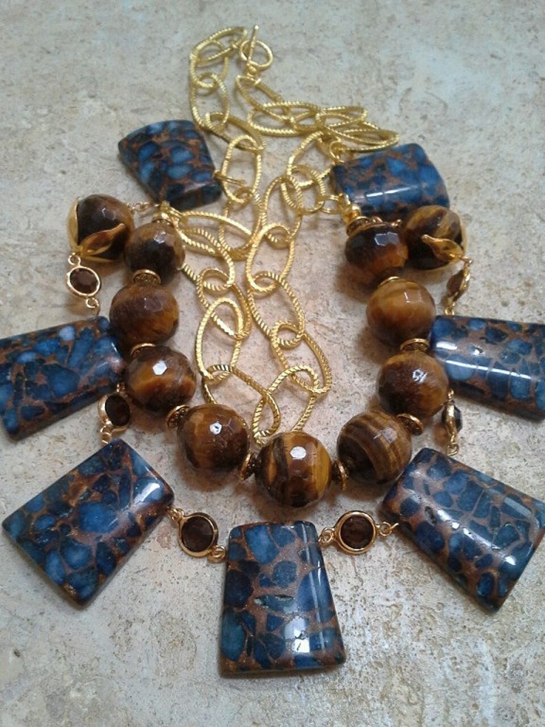 Statement Tiger Eye Pressed Jade Necklace Natural Gemstones Etsy