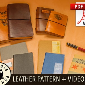 Puede incluir: Una colección de cuadernos encuadernados en cuero con varios diseños, incluyendo mariposas, un ojo y un diseño simple. Los cuadernos están dispuestos sobre una superficie marrón con un bolígrafo, un cuaderno pequeño y un icono de PDF. El texto "LEATHER PATTERN + VIDEO #7" se muestra en la parte inferior de la imagen.