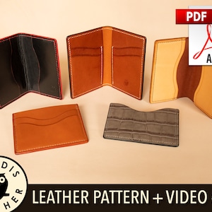 May include: Five different leather wallet designs, including a black wallet with red stitching, a brown wallet with tan stitching, a tan wallet with brown stitching, a tan wallet with red stitching, and a grey wallet with a crocodile pattern. The wallets are arranged on a light brown surface. The text "LEATHER PATTERN + VIDEO #10" is at the bottom of the image.