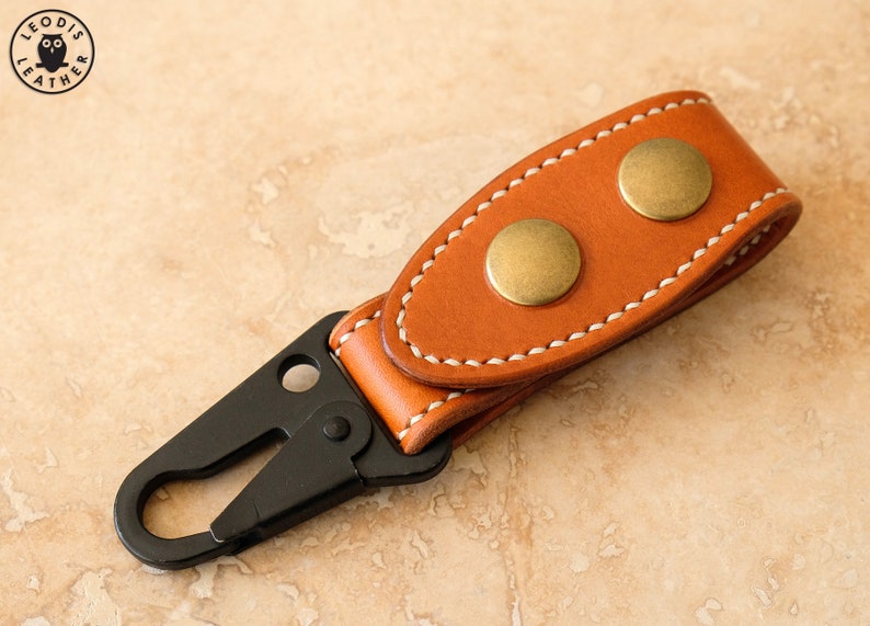 Leather Snap Hook Keyring Hanger Mid Tan, stitched image 1