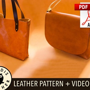 May include: Two leather bags, one a tote bag with black handles and the other a satchel bag with a strap. Both bags are brown and have a textured leather finish. The image also includes a logo with an owl and the text "LEODIS LEATHER" and the text "LEATHER PATTERN + VIDEO #6".