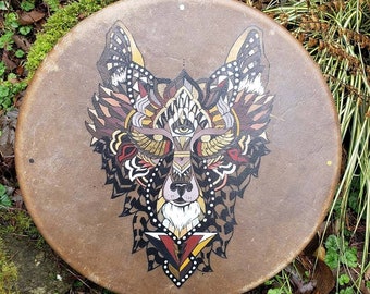Custom Design Available - Wolf Spirit Drum - (14"-16") Different drum styles, Buffalo, Elk, Deer, Maple, Cedar