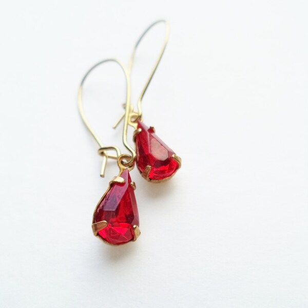 Vintage Earrings Glass Dangles Ruby Red Pear Shaped Accessories Gift Idea For Her Under 15 Valentines Day