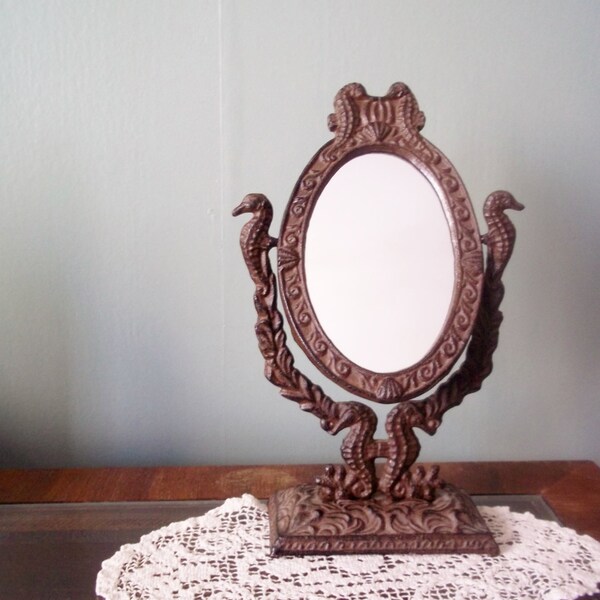 Cast Iron Pedestal Swivel Mirror Ornate Vanity Mirror Seahorse Nautical Home Decor.