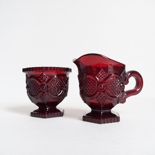 Vintage Avon Cape Cod Sugar Bowl and Creamer Pitcher Set Ruby Red Glass Ornate Housewares Collectibles Serving Entertaining
