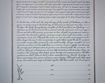 May include: A black and white ketubah, a Jewish marriage contract, with Hebrew text and English text. The English text reads, "On the first day of the week, the sixteenth day of the month of Cheshwan in the year 5778 corresponding to the fourth day of November in the year 2017 here in Roslyn New York, Jenny Epstein daughter of Food and Fanet, and Zachary Standam son of Richard and Mara, entered into the covenant of marriage."