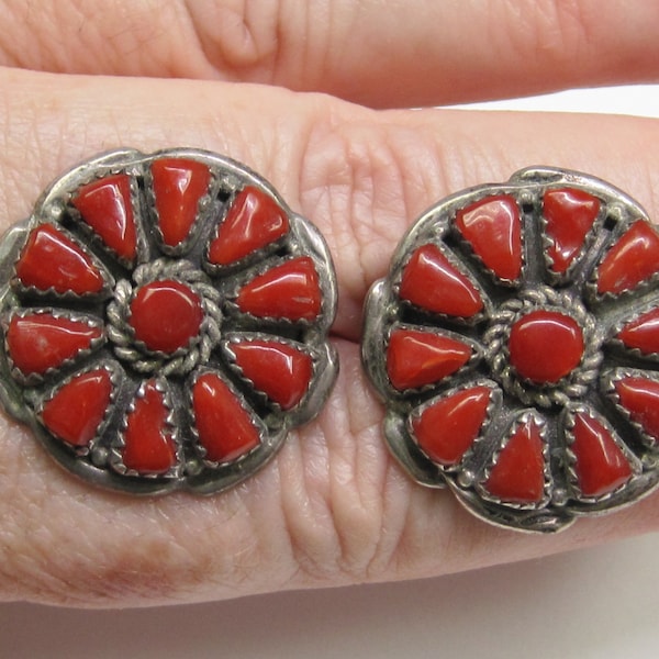 Zuni Indian Coral & Sterling Silver Flower Earrings-Alvina Q