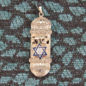 Gold Filigree Mezuzah Pendant, Blue and White Enamel Mezuzah Necklace, Solid 14k Gold Torah Scroll Pendant, Hebrew Pendant, Jewish Jewelry