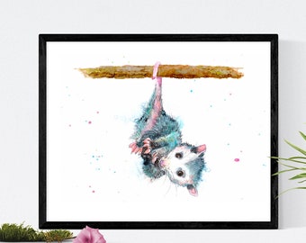 Opossum art print, baby opossum wall decor, possum hanging on branch