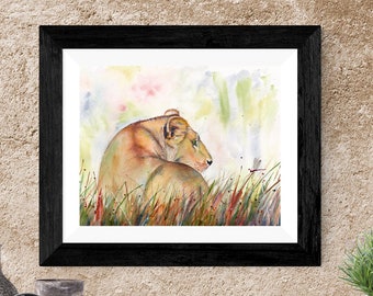 Lioness and dragonfly watercolor art print by Ellen Brenneman