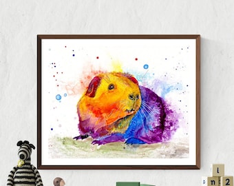 Guinea Pig colorful art print, orange and blue Guinea pig, small animal art