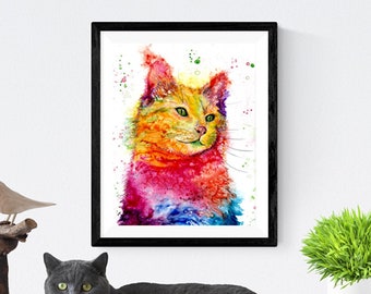 Colorful cat art print, cat portrait wall decor, colorful animal art