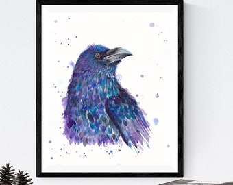 Raven art print, black bird painting, raven watercolor print