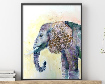 elephant nursery art print, gentle elephant wall decor, yellow and gray elephant art