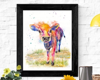 Colorful cow art print, jersey cow painting, farm animal decor