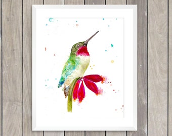 Hummingbird art print, hummingbird on flower watercolor, bird wall art