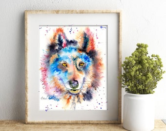 Colorful Wolf art, wolf wall decor, wolf watercolor print