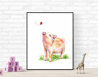 Pink pig watercolor art print, pig and butterfly decor, baby animal art