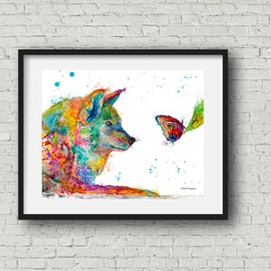 Wolf and Butterfly colorful art print by Ellen Brenneman image 1