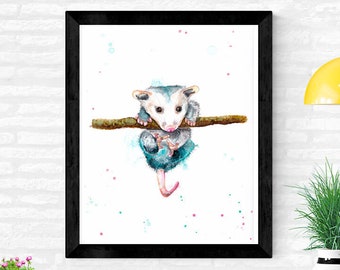 baby opossum art print, possum wall decor, opossum hanging on branch