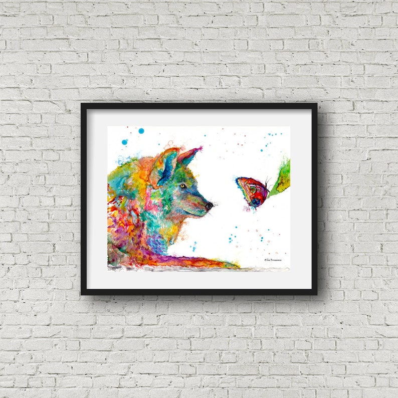 Wolf and Butterfly colorful art print by Ellen Brenneman image 1