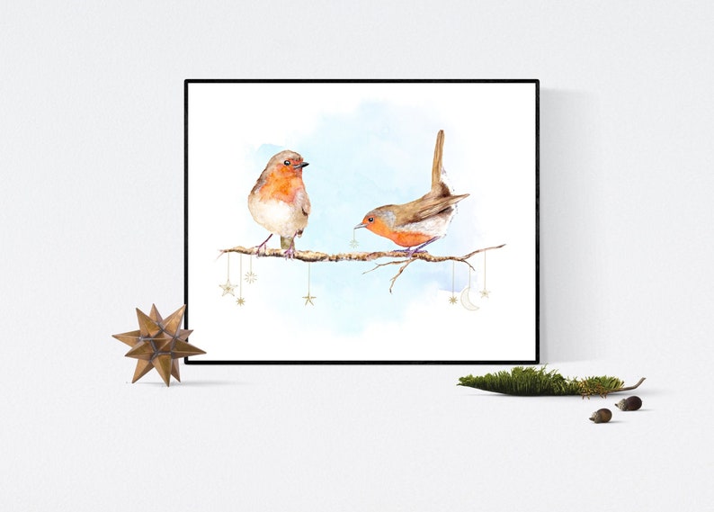 European Robin birds on a branch watercolor art print Robin Redbreast art print