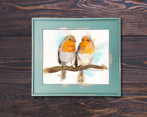 European Robin birds on a branch watercolor art print Robin Redbreast art print