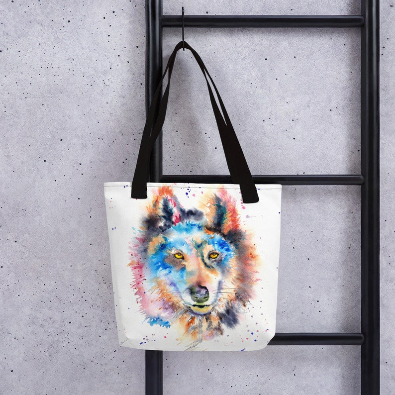Colorful Wolf watercolor art tote bag featuring art by Ellen Brenneman