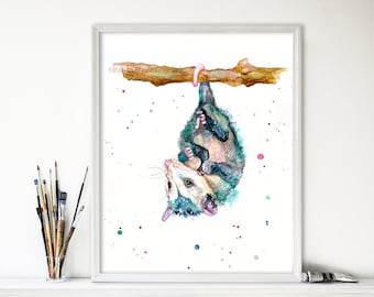 Possum watercolor print, opossum nursery decor, baby possum hanging on a branch