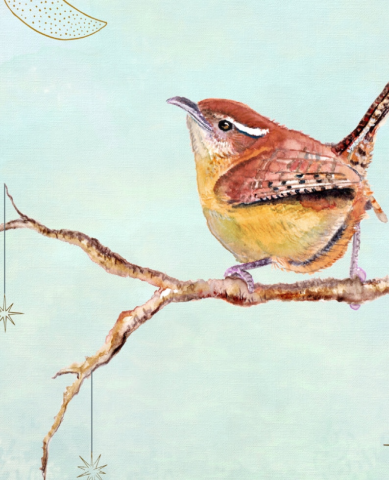 Wren art print, Carolina wren baby shower gift, wren nursery art image 4