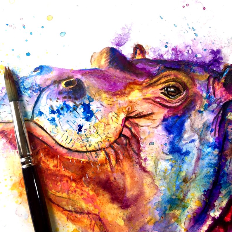 Colorful Hippo art print by Ellen Brenneman Etsy
