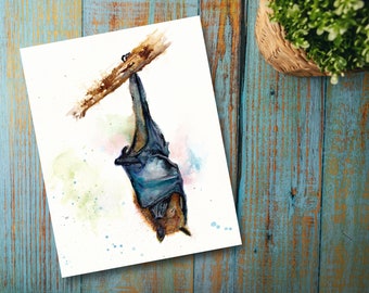 Bat hanging art print, flying fox watercolor, bat nursery print