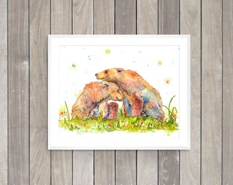 Pair of Grizzly bears snuggling, Bear lover gift idea, Bear nursery wall decor