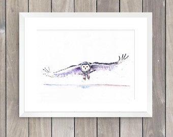 Snowy owl in flight watercolor fine art print by Ellen Brenneman