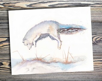 Arctic fox watercolor art print, fox jumping decor, winter fox nursery wall art