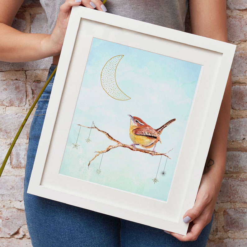 Wren art print, Carolina wren baby shower gift, wren nursery art image 2