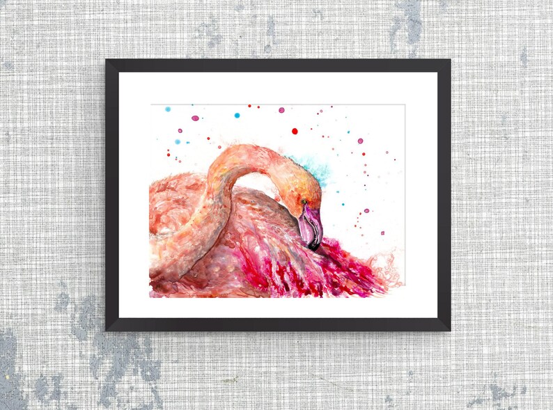 Pink flamingo art print, bird preening painting, coastal bird beach house decor image 3