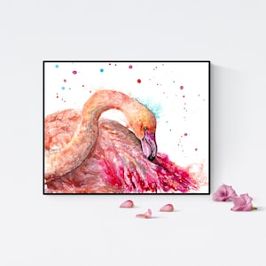 Pink flamingo art print, bird preening painting, coastal bird beach house decor image 1