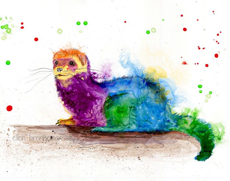 Colorful Ferret painting art print by Ellen Brenneman Etsy