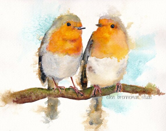 Printemps Oiseaux Rouge Gorge Aquarelle Fine Art Print Par Ellen Brenneman