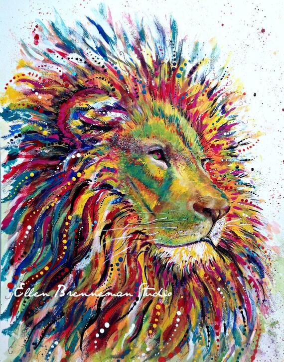 Colorful Lion art print spirit animal by Ellen Brenneman Etsy