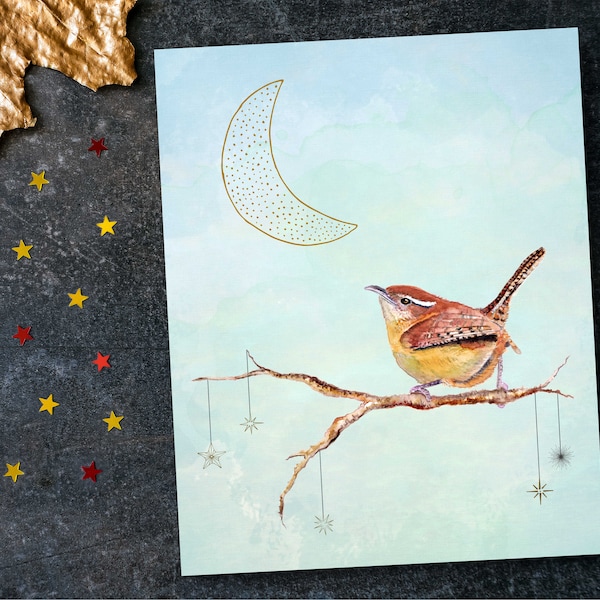 Wren art print, Carolina wren baby shower gift, wren nursery art