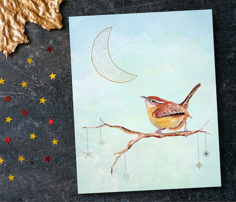 Wren art print, Carolina wren baby shower gift, wren nursery art image 1