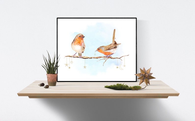 European Robin birds on a branch watercolor art print Robin Redbreast art print