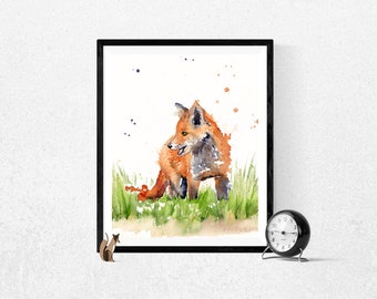 Fox cub watercolor print, baby animal nursery decor, fox painting