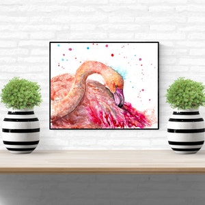 Pink flamingo art print, bird preening painting, coastal bird beach house decor image 2