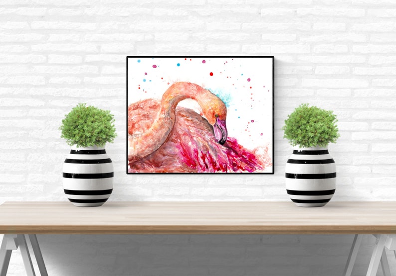 Pink flamingo art print, bird preening painting, coastal bird beach house decor image 2